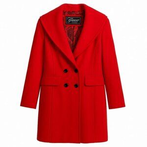 Guess Red Wool Blend Pea Coat L Double Breasted Mid Length, Lined, Vintage Style